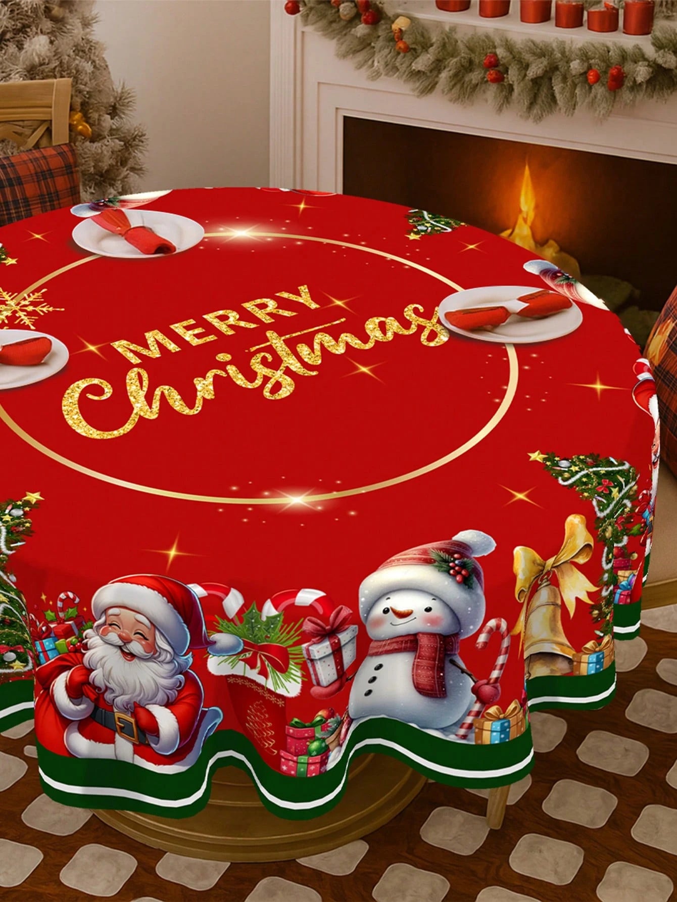 Merry Christmas Round Tablecloth Cover