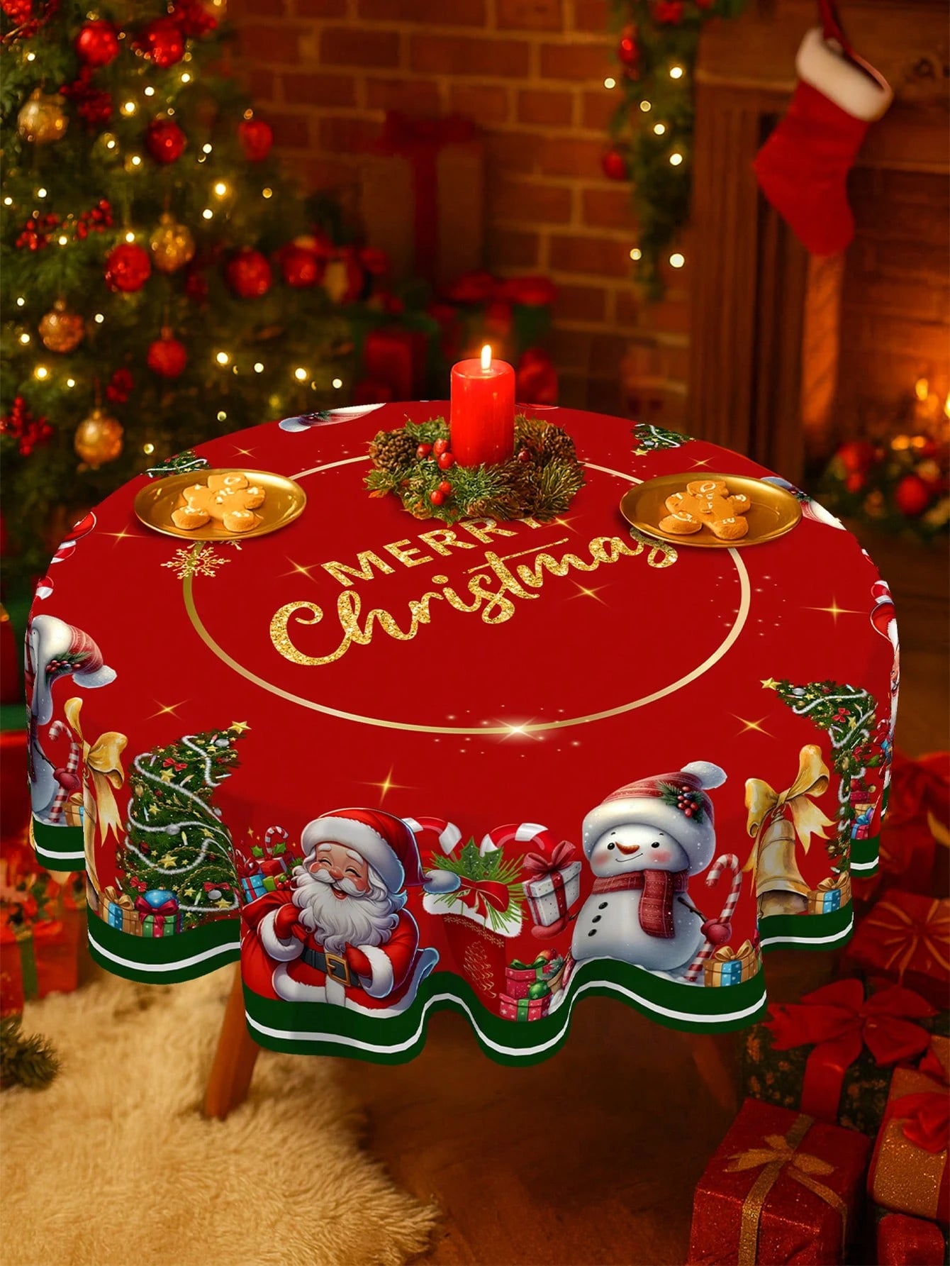 Merry Christmas Round Tablecloth Cover