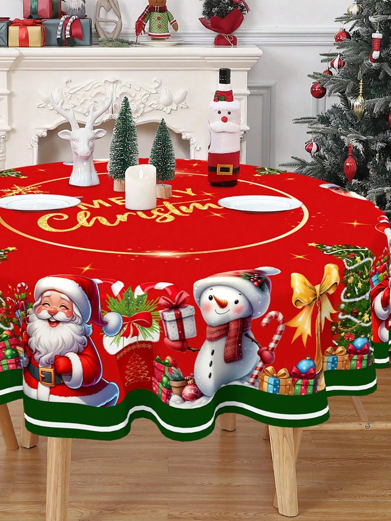Merry Christmas Round Tablecloth Cover