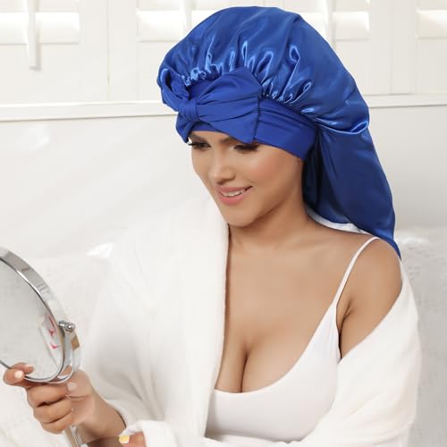 AWAYTR Long Satin Bonnet for Women - Double Layer Elastic Silk Bonnet for Braids Hair Sleeping Cap with Tie Band (Royal Blue)