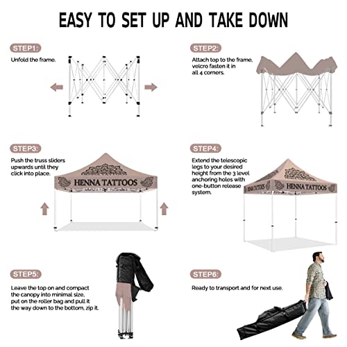 ABLEM8CANOPY Custom Canopy Tent 10x10 with Logo, Personalized Pop Up Canopy Tent with Optional Walls for Business Events, Trade Shows, Farmers Market, Roller Bag Included(Demo Henna Tattoo)