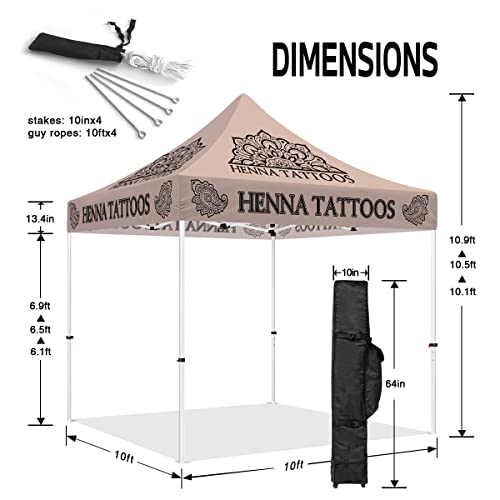 ABLEM8CANOPY Custom Canopy Tent 10x10 with Logo, Personalized Pop Up Canopy Tent with Optional Walls for Business Events, Trade Shows, Farmers Market, Roller Bag Included(Demo Henna Tattoo)
