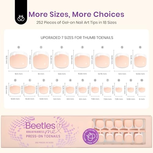 Beetles French Press on Toe Nails-Short Square French Tip Toe Nail Press Ons 252 Pcs 18 Sizes Nude Toe Press on Nails, 4 in 1 Pre-Designed Toe Nails Fake Nails for Women