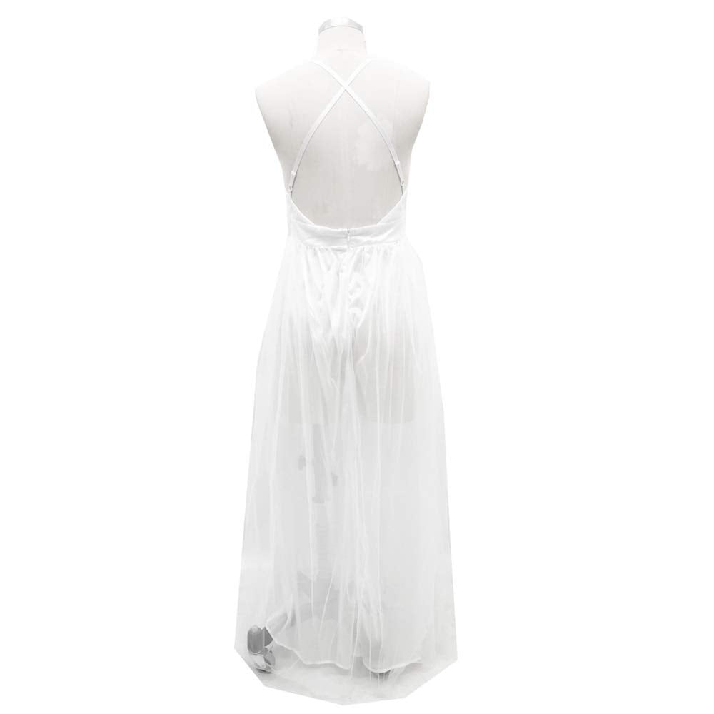 Aniywn Women Sexy Deep V Neck Sleeveless Long Halter Party Dress Mesh Sheer Wedding Maxi Dress White