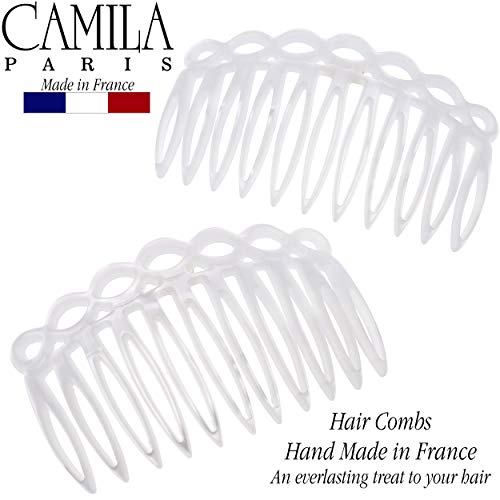 Camila Paris CP3142 French Hair Side Comb Small Handmade White French Twist Hair Combs Decorative, Strong Hold Hair Clips for Women Bun Chignon Up-Do Styling Girls Hair Accessories, Made in France