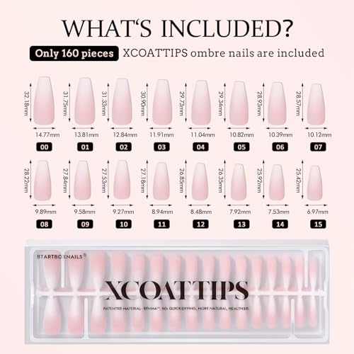 BTArtboxnails XCOATTIPS Ombre Nails - Press on Nails Long, 160Pcs Nail Tips Coffin Shape Pink White Gradient Soft Gel False Nail Tips Soak Off Fake Nails Extensions DIY 16 Sizes