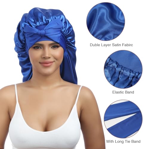 AWAYTR Long Satin Bonnet for Women - Double Layer Elastic Silk Bonnet for Braids Hair Sleeping Cap with Tie Band (Royal Blue)