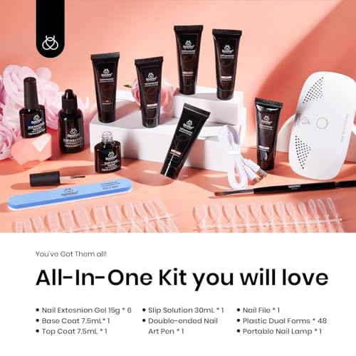 beetles Poly Nail Extension Gel Kit 6 Colors Poly Gel Nail Kit Nude Pink Brown Poly Nail Gel Kit with Mini Nail Lamp Builder Nail Gel Manicure Starter Set DIY Home