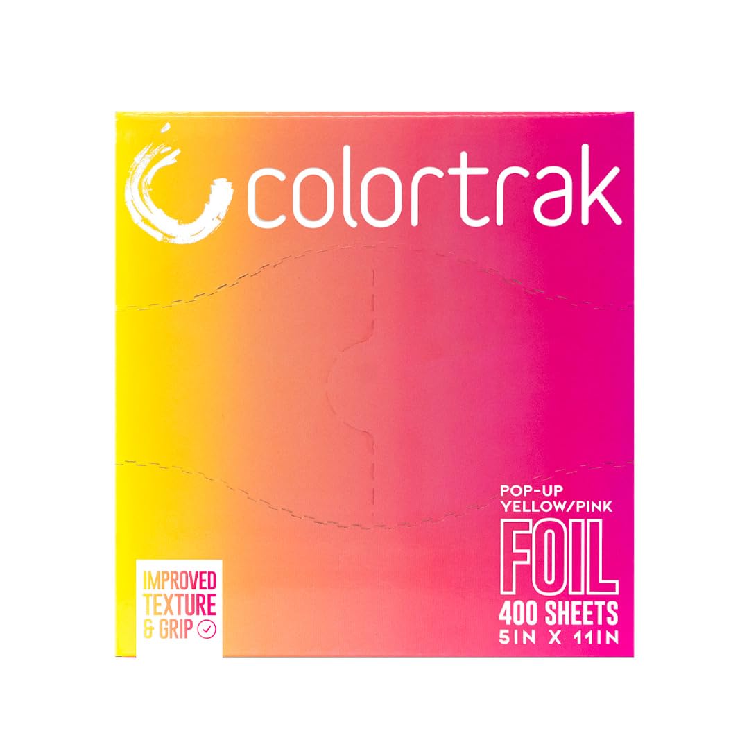 Colortrak Yellow/Pink Gradient Pop-up Foil w/Dispenser (400 Count), Pre-cut Sheets, Non-Slip Embossed Texture, 5" x 10.75" Sheets for Hair Foil Coloring and Highlighting Sheet Applications