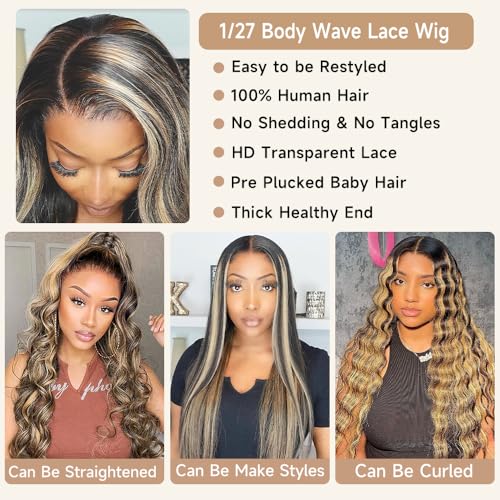 Avolo Ombre Highlight Lace Front Wig Human Hair Pre Plucked 13x4 HD Transparent ombre lace front wig 180% Density Body Wave HD Lace Frontal Wigs Human Hair With Baby Hair 30 Inch