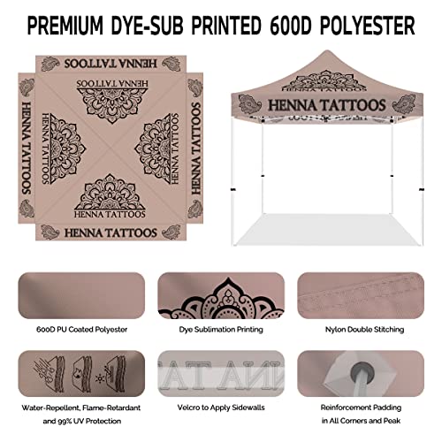 ABLEM8CANOPY Custom Canopy Tent 10x10 with Logo, Personalized Pop Up Canopy Tent with Optional Walls for Business Events, Trade Shows, Farmers Market, Roller Bag Included(Demo Henna Tattoo)