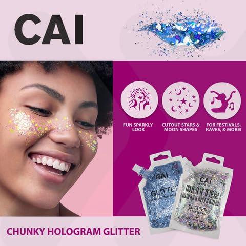 Face Glitter; Hair & Body Makeup: for Kids/Women (3 Oz Silver) Chunky Iridescent Holograph Stars Moon Cosmetic Grade, Cruelty Free Apply Without Glue, Easy to Take Off Keeps Skin Clean
