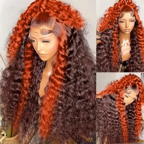 Daphernew 250% Density Deep Wave Lace Front Wigs Human Hair 2/350 Ginger Deep Curly Wigs Human Hair for Women 13x6 HD Lace Front Wigs Ginger Orange Curly Human Hair Wig Brazilian Hair 20Inch