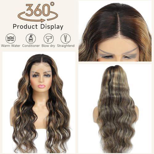 Avolo Ombre Highlight Lace Front Wig Human Hair Pre Plucked 13x4 HD Transparent ombre lace front wig 180% Density Body Wave HD Lace Frontal Wigs Human Hair With Baby Hair 30 Inch