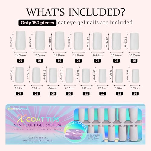 BTArtboxnails XCOATTIPS Cat Eye Nails - Top Coat Needed Glitter Press On Nails Long, Soft Gel Square Fake Nails, Soak Off Acrylic Nails Glue On Nails In 15 Sizes - 150 Nail Extension Set