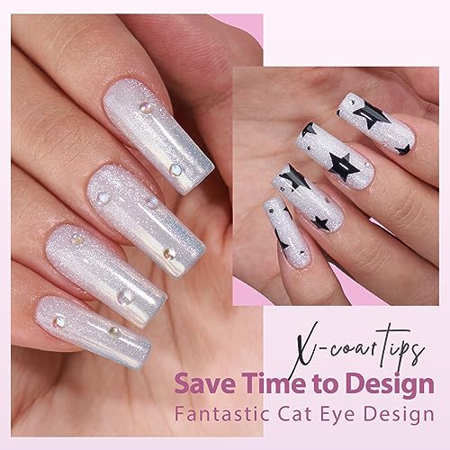 BTArtboxnails XCOATTIPS Cat Eye Nails - Top Coat Needed Glitter Press On Nails Long, Soft Gel Square Fake Nails, Soak Off Acrylic Nails Glue On Nails In 15 Sizes - 150 Nail Extension Set