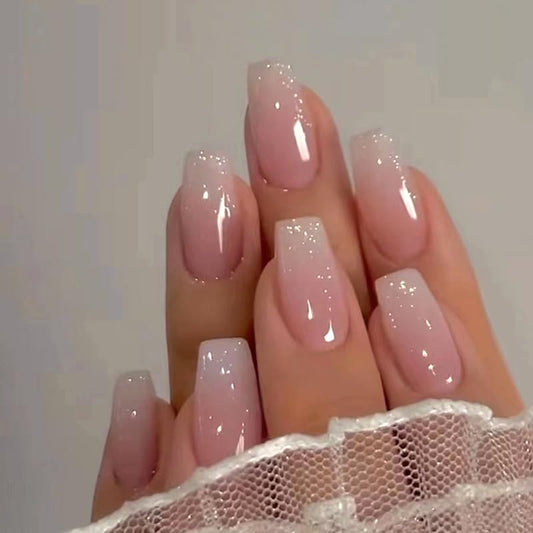 Curvlife Bling Coffin Press on Nails Short Square Acrylic Fake Nails with Apricot Design Full Cover False Nails Glossy Gradient Artificial Stick on Nails for Women 24Pcs (Gradient Nude White)