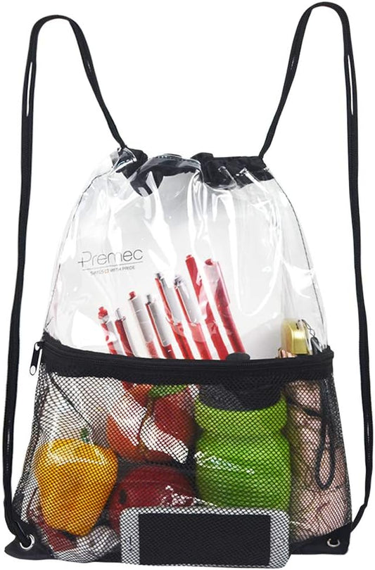 Clear Drawstring Bag, PVC Drawstring Backpack with Front Zipper Mesh Pocket