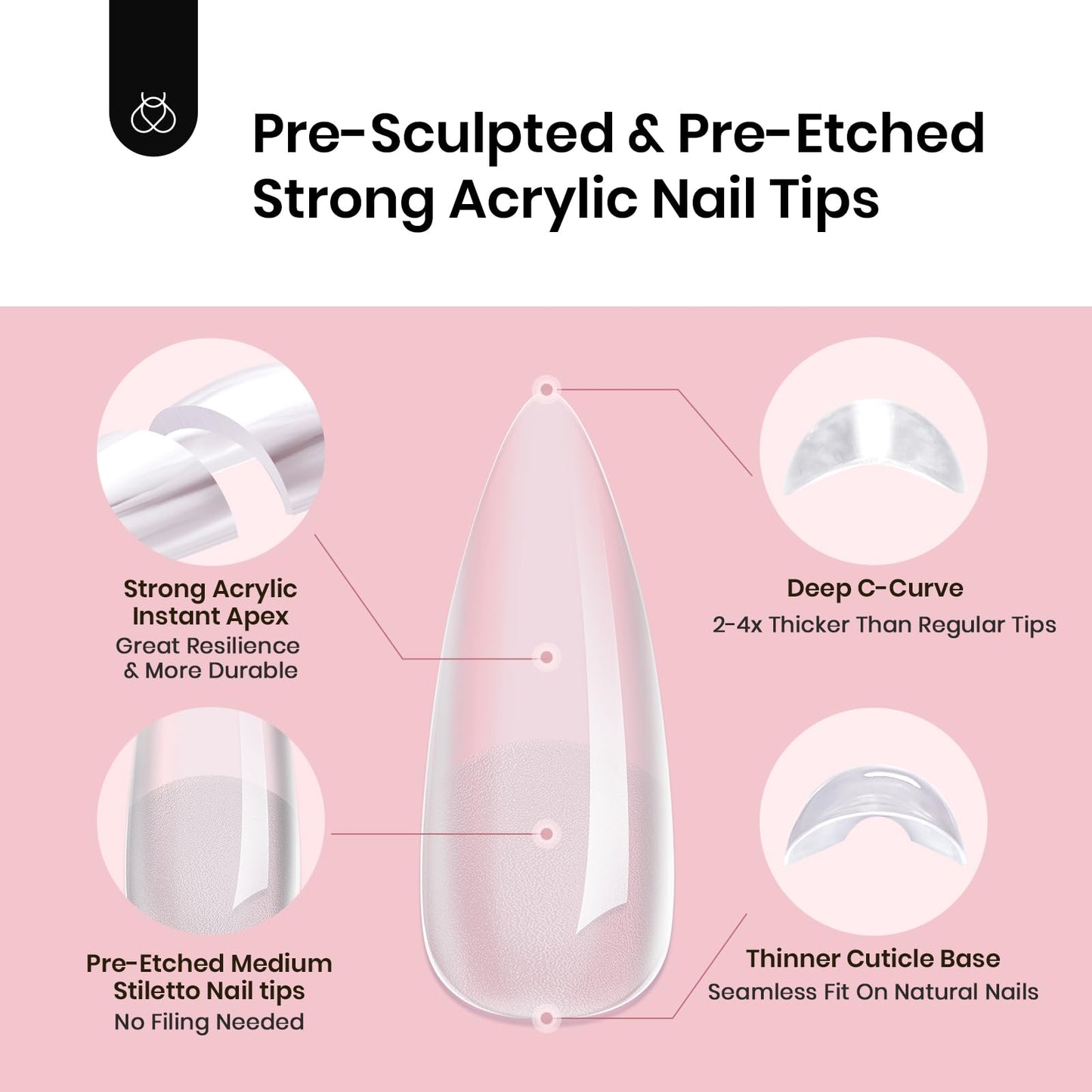 Beetles Tipex Instant Apex Nail Tips, 192Pcs Medium Stiletto Acrylic Nails Pre-Building Pre-Etched Thicker Gel Nail Tips - 16 Sizes Strong Full Cover for Women