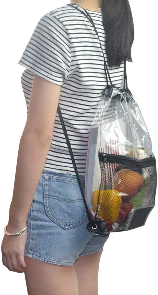 Clear Drawstring Bag, PVC Drawstring Backpack with Front Zipper Mesh Pocket