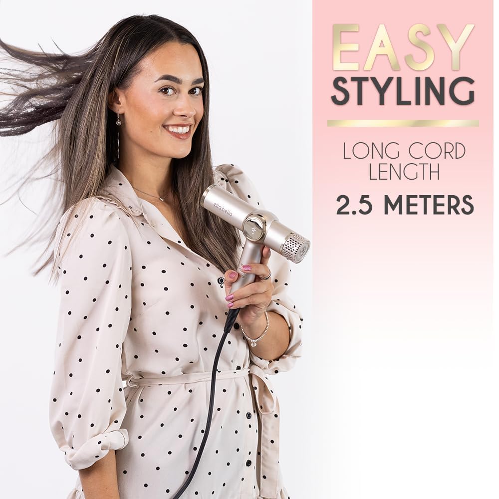 ELLA BELLA® Professional Ionic Hair Dryer with Diffuser • Negative Ion Blow Dryer • Suitable All Hair Types • Intelligent Heat Control & Rapid Drying Speeds • Lightweight Design • Low Noise Technology