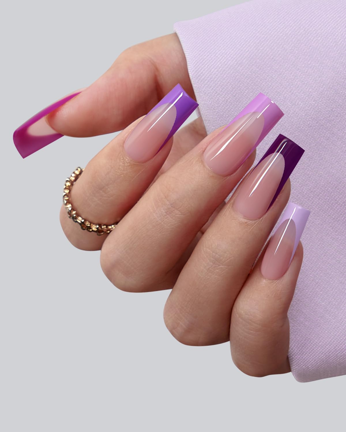 BTArtboxnails XCOATTIPS Purple French Tip Press On Nails - Long Press On Nails Square, Soft Gel Nail Tips, 150Pcs Soak Off Acrylic Pink Fake Nail Extension in 15 Sizes