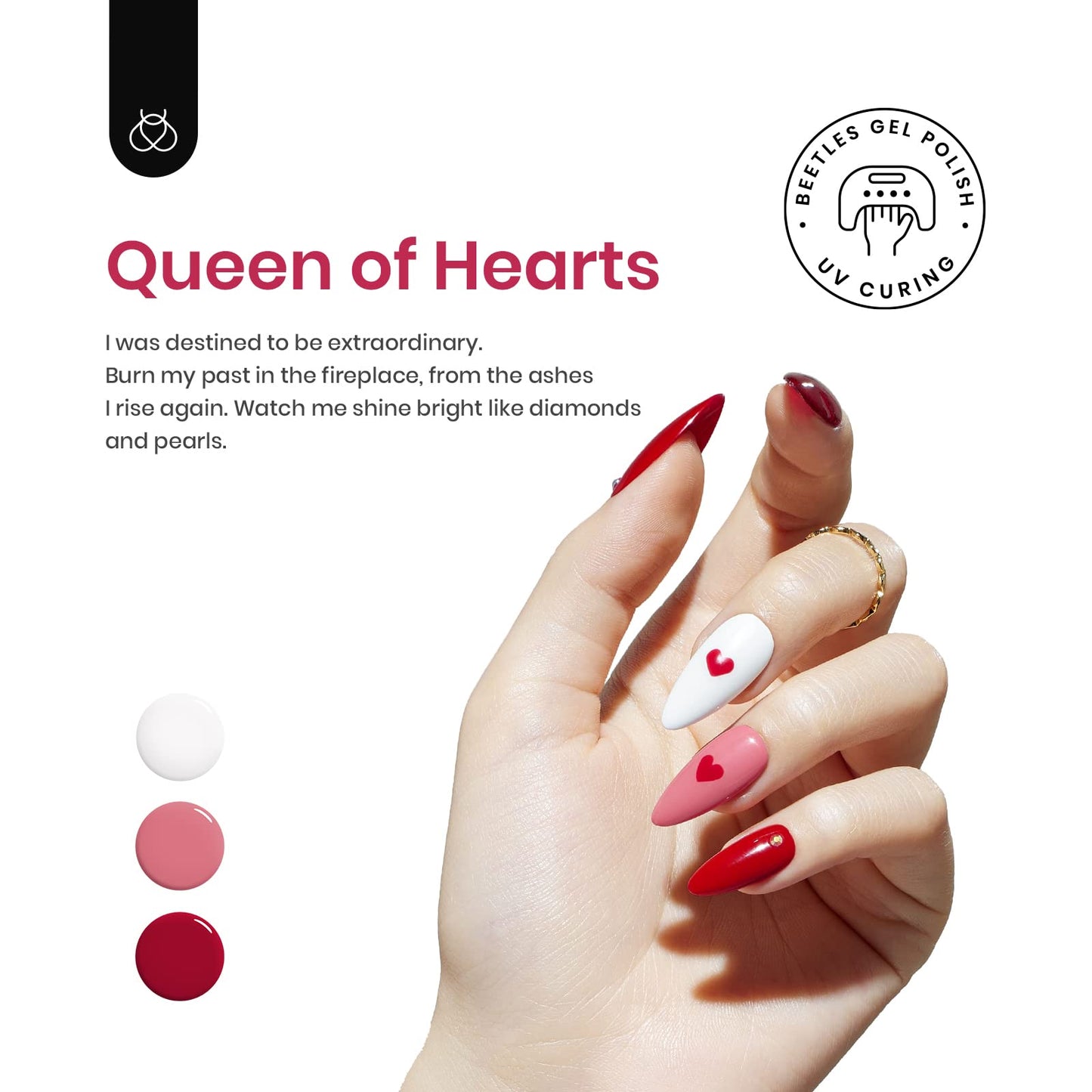 Beetles Spring Gel Nail Polish, 6 Colors Nude Pink Red Glitter White Black Rose Golden Gel Polish Queen of Hearts Collection Soak Off Uv Lamp Cured DIY Home Manicure Gift for Women