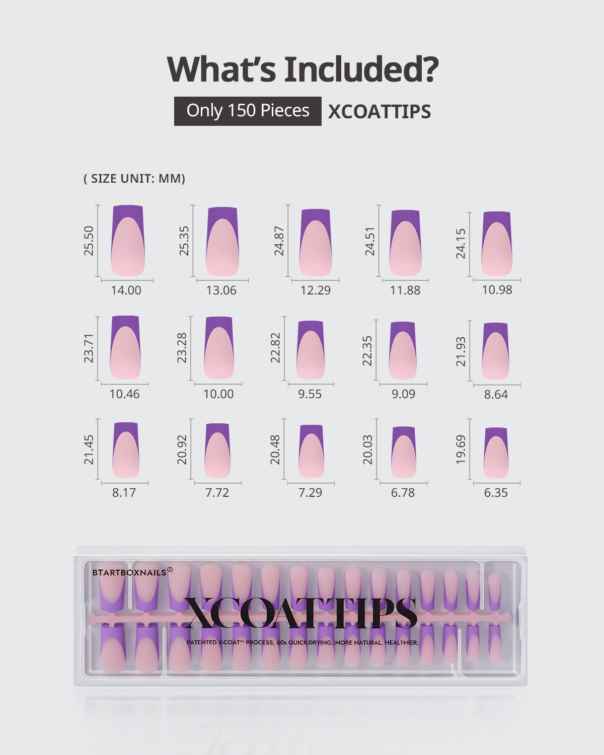 BTArtboxnails XCOATTIPS Purple French Tip Press On Nails - Long Press On Nails Square, Soft Gel Nail Tips, 150Pcs Soak Off Acrylic Pink Fake Nail Extension in 15 Sizes