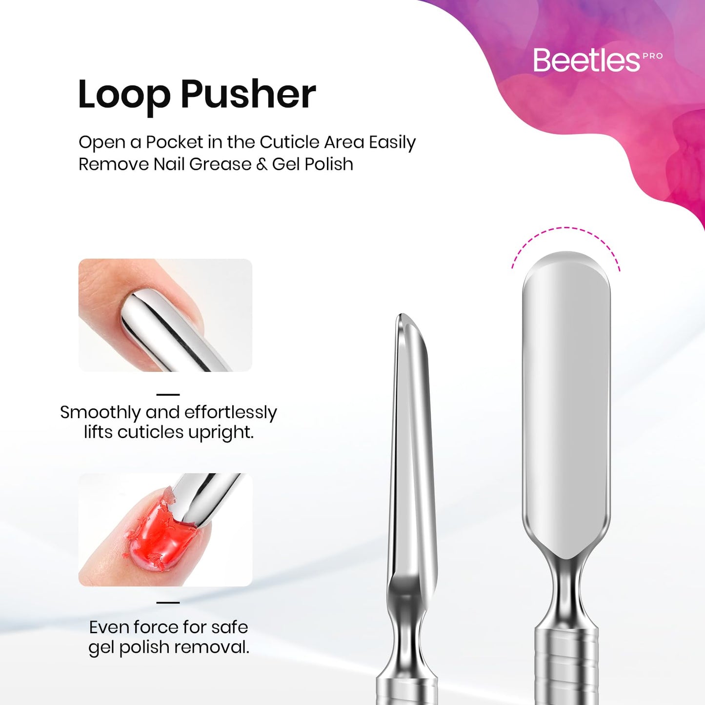 Beetles Pro Cuticle Pusher, Professional Stainless Steel Cuticle Remover Multi-Function Dual Ended Nail Pusher for Fingernail Toenail Nail-Care Salon Manicure Needs