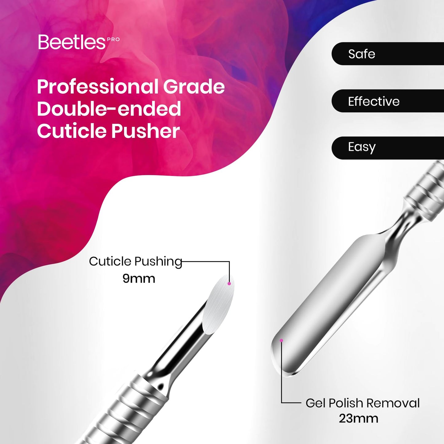 Beetles Pro Cuticle Pusher, Professional Stainless Steel Cuticle Remover Multi-Function Dual Ended Nail Pusher for Fingernail Toenail Nail-Care Salon Manicure Needs