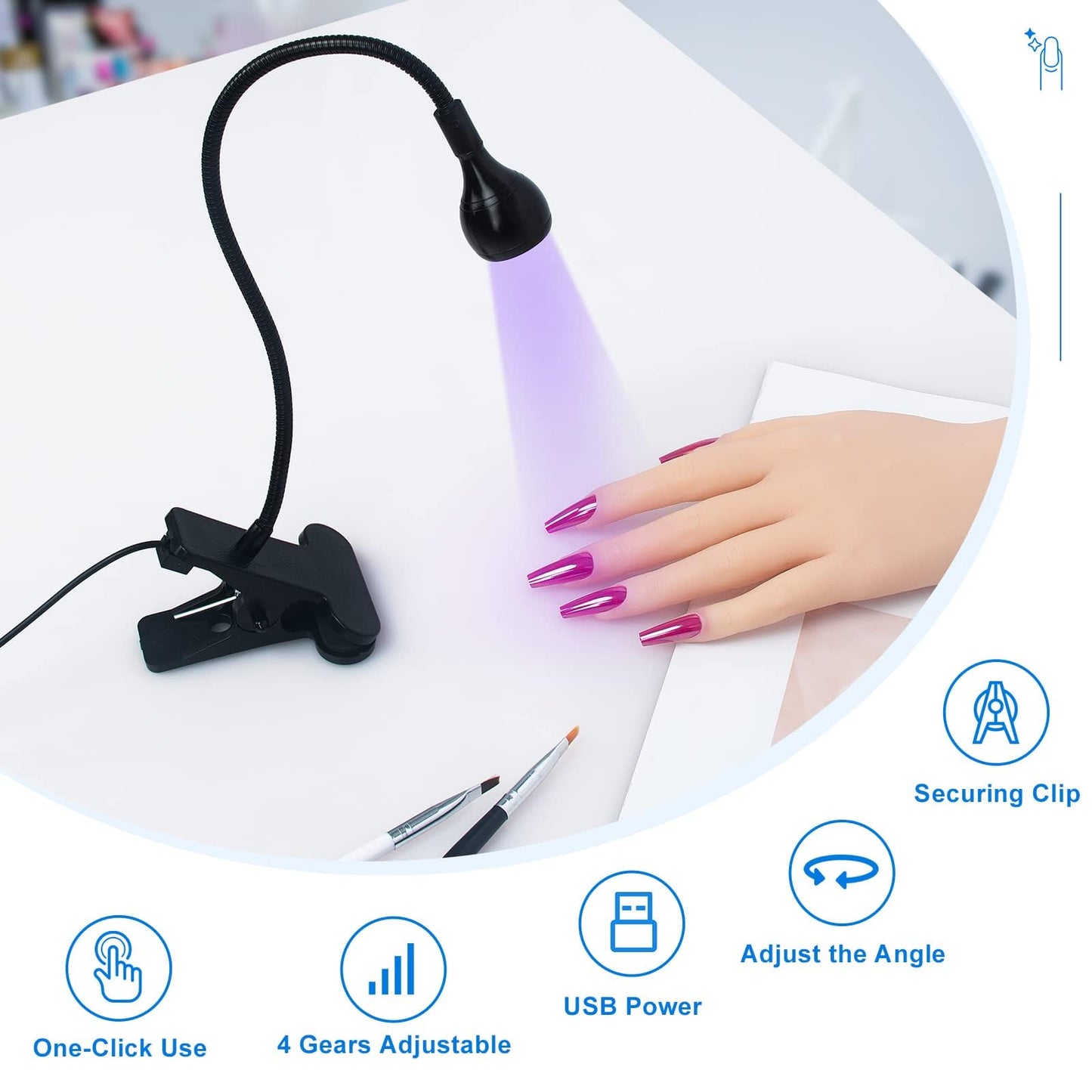 AORAEM Nail Lamp with UV Protection Gloves,3W LED Nail Manicure Dryer 35NM Curing Light with Black Gooseneck and Clamp for Gel Nails