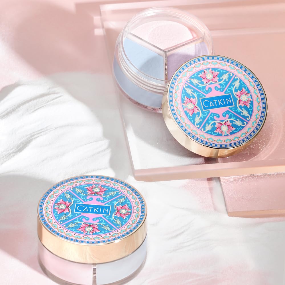 CATKIN Poreless Finish Loose Setting Powder Makeup, Translucent Matte Finishing Makeup for All Skin Tones, 3 Colors Even Skin Tone – 0.42 oz Includes Velour Puff C03 Shimmer