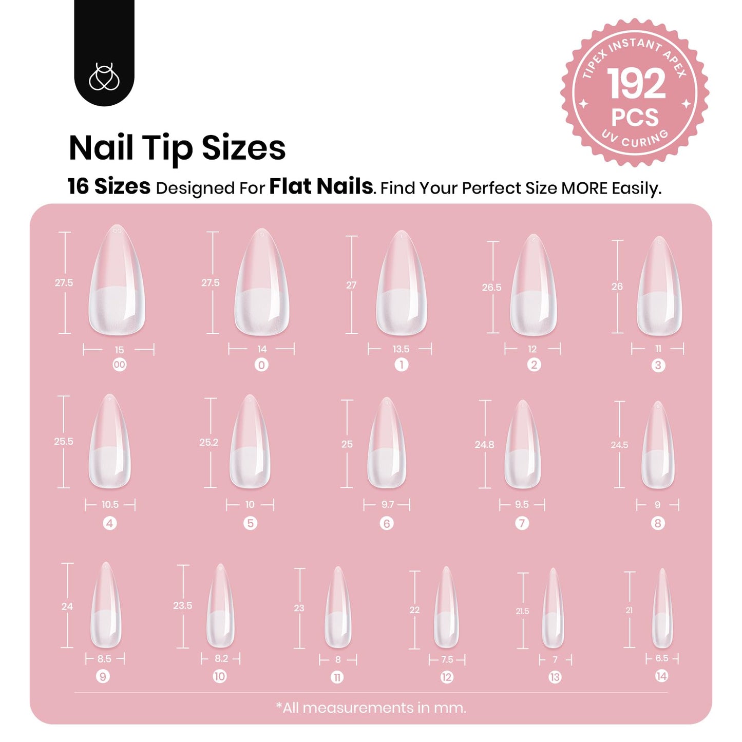 Beetles Tipex Instant Apex Nail Tips, 192Pcs Medium Stiletto Acrylic Nails Pre-Building Pre-Etched Thicker Gel Nail Tips - 16 Sizes Strong Full Cover for Women
