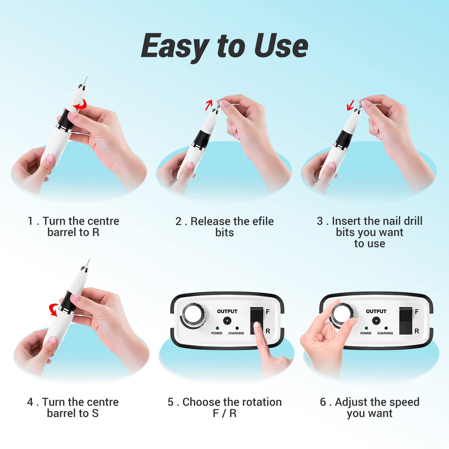 AIRSEE Professional Rechargeable 30000 RPM Nail Drill Machine Portable Efile Electric Nail File Wireless Manicure Pedicure Set Acrylic Gel Nail Grinder Tools with 6 Bits and Sanding Bands E6 Black