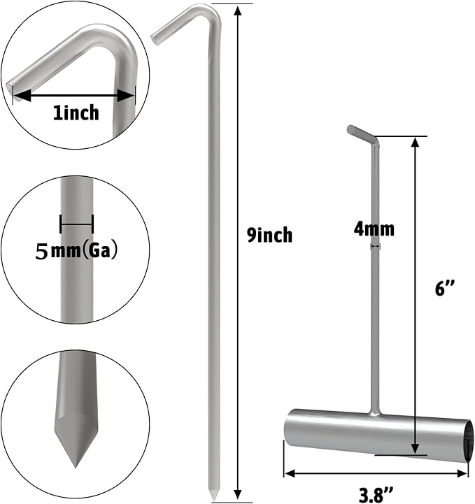 9 Inch Galvanized Tent Stakes Metal Tent Pegs with T Hook, Heavy Duty Steel Yard Camping Stakes Tarp Hooks Inflatables Outdoor Decorations, 25 Pack