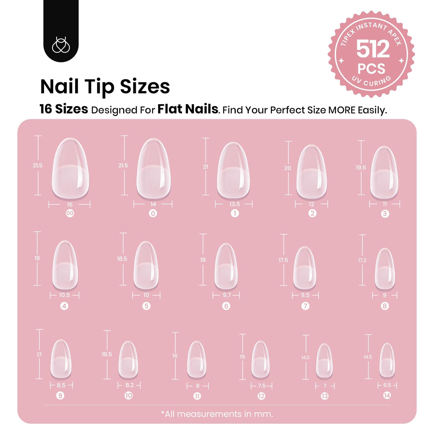 Beetles Tipex Instant Apex Nail Tips Short Oval, 512Pcs 16 Sizes Pre-Building & Pre-Etched Gel Nail Tips Thicker Acrylic Nails Strong Full Cover False Nail Extension Press-on Nails for Flat Nails