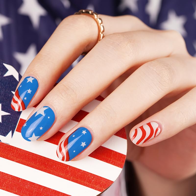 Adora Couture Semi Cured Gel Nail Strips with 20 Pieces, Salon Quality Nail Wraps for Women, Red and Blue American Vibe UV Gel Nail Stickers, UV Light Required, Radiance