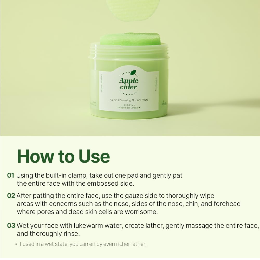 Ariul Apple Cider All Kill Cleansing Bubble Pads – Effective Pore Cleansing & Hydrating, 2-Step Dual Pads for Makeup Removal & Exfoliation, Korean Skin Care, 60 Counts, 150ml / 5.07 fl. oz