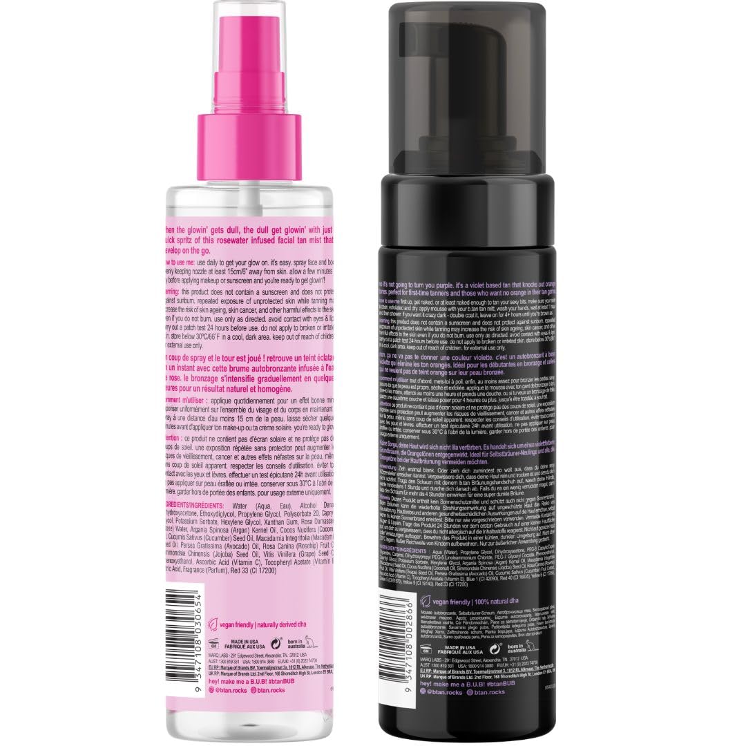 b.tan Violet Self Tan Foam & Face Mist Kit | Lovers Bundle - Dark Sunless Tanning Mousse, Bronzing Glow Gradual Facial + Body Spray, Mitt Applicator, 1 Hour Express, No Fake Tanner Smell, 6.7 Fl Oz