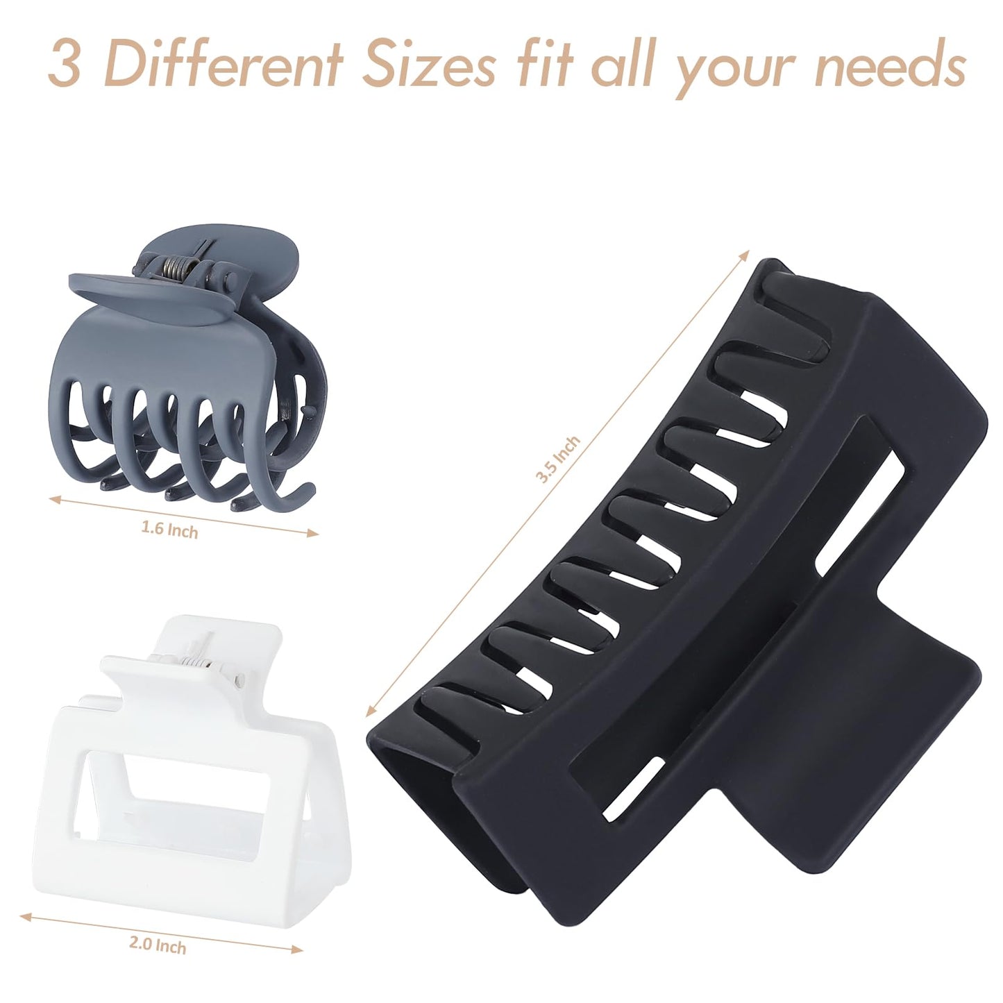 CHANDAT 3 Style Claw Hair Clips Set for Women - 9 pcs Medium Rectangle Clips for Thick Hair, Square Clips for Thin Hair - Grey