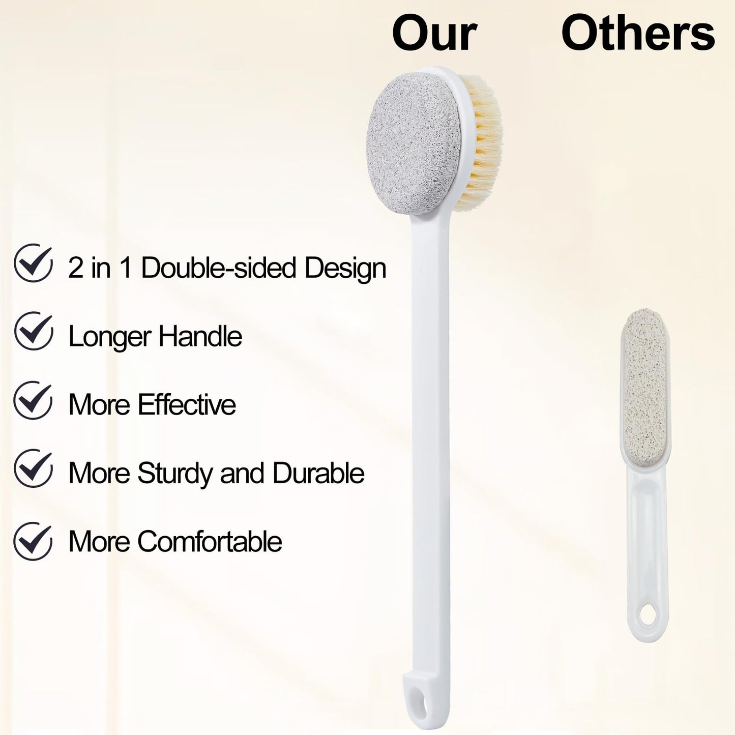 Beomeen Pumice Stone and Shower Brush with Long Handle, Hard Skin Callus Remover, 2 in 1 Foot Scrubber, Back Scrubber for Shower Deep Cleansing and Exfoliation, Dry Brushing Body Brush (Straight)