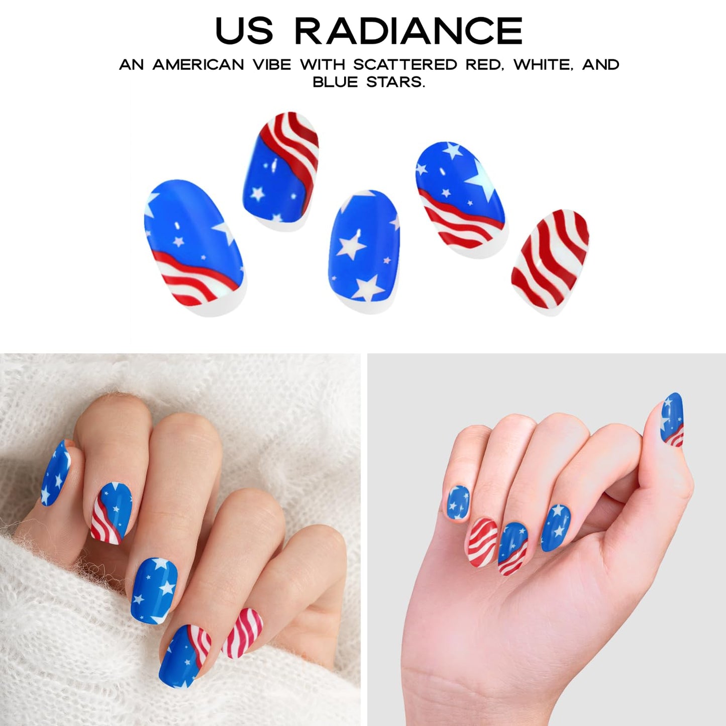 Adora Couture Semi Cured Gel Nail Strips with 20 Pieces, Salon Quality Nail Wraps for Women, Red and Blue American Vibe UV Gel Nail Stickers, UV Light Required, Radiance