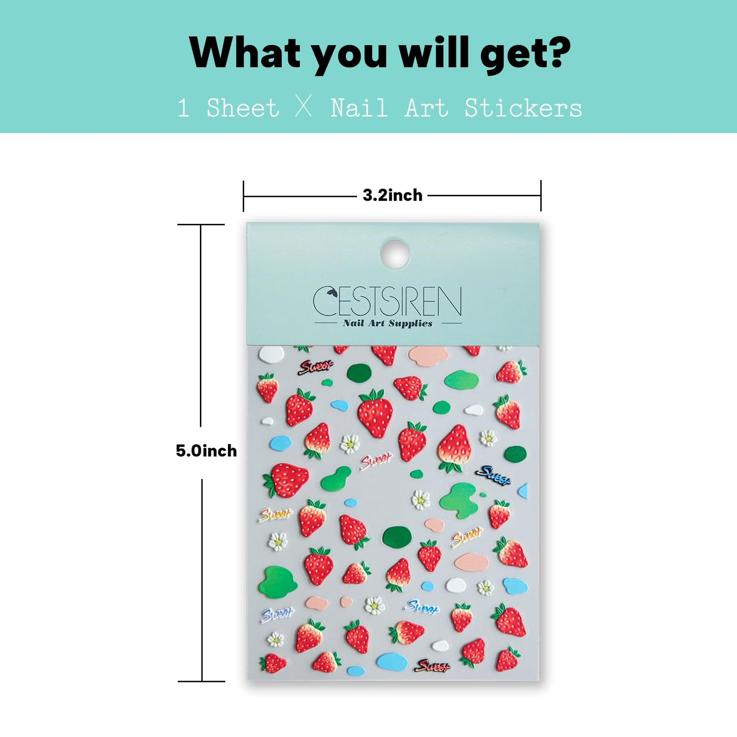 CESTSIREN Strawberry Nail Stickers, Embossed Cute Fruit Decals, Self-Adhesive Art Design, Accessories and Supplies for Women