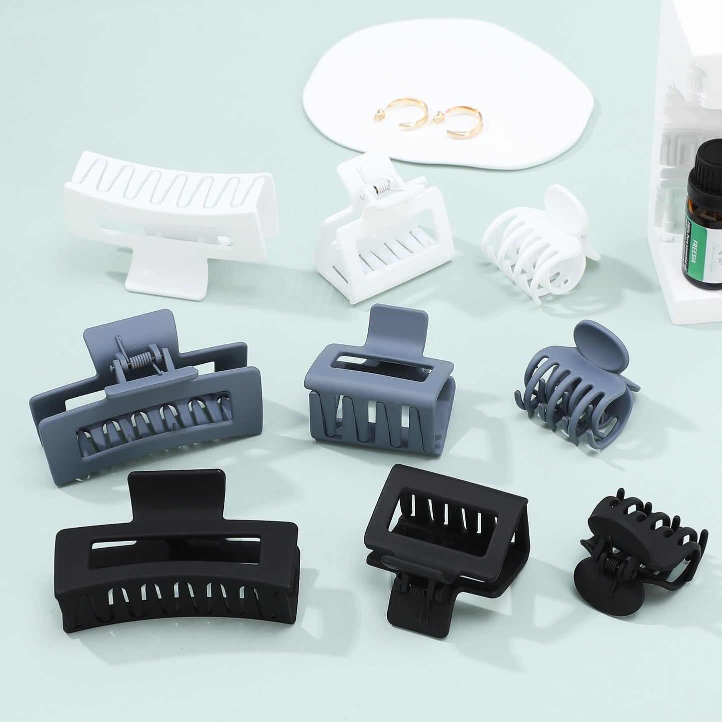 CHANDAT 3 Style Claw Hair Clips Set for Women - 9 pcs Medium Rectangle Clips for Thick Hair, Square Clips for Thin Hair - Grey