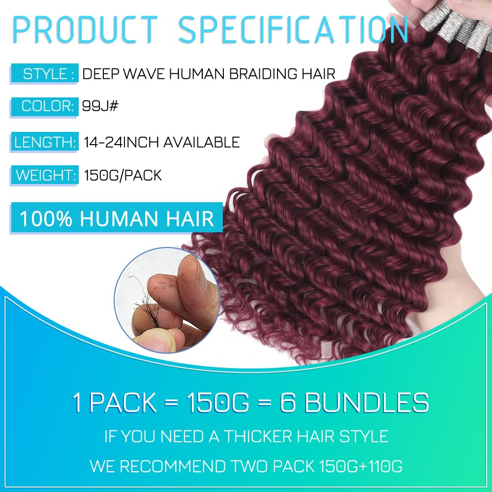 99J Human Braiding Hair 14 Inch Deep Wave Bulk Human Hair for Braiding 6 Bundle 150g