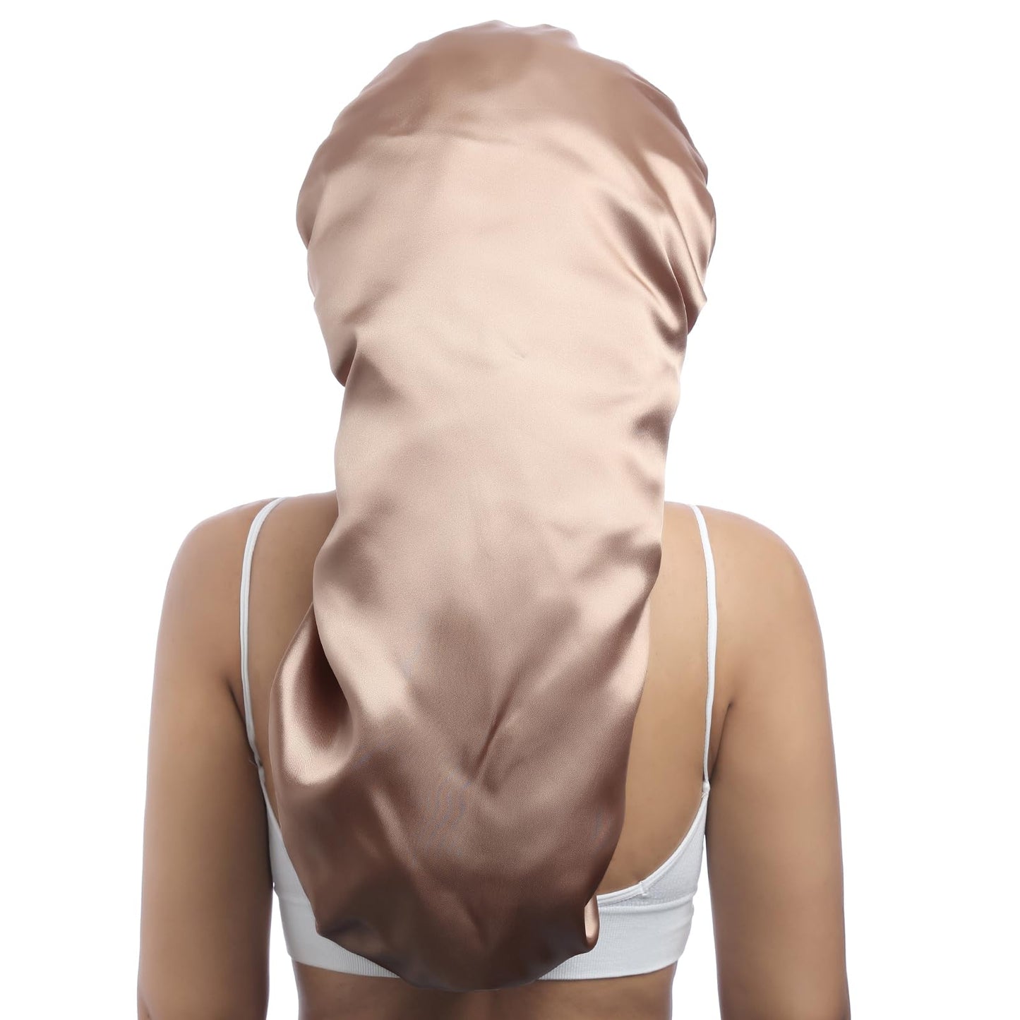 AWAYTR Long Satin Bonnet for Women - Double Layer Elastic Silk Bonnet for Braids Hair Sleeping Cap with Tie Band (Champagne)