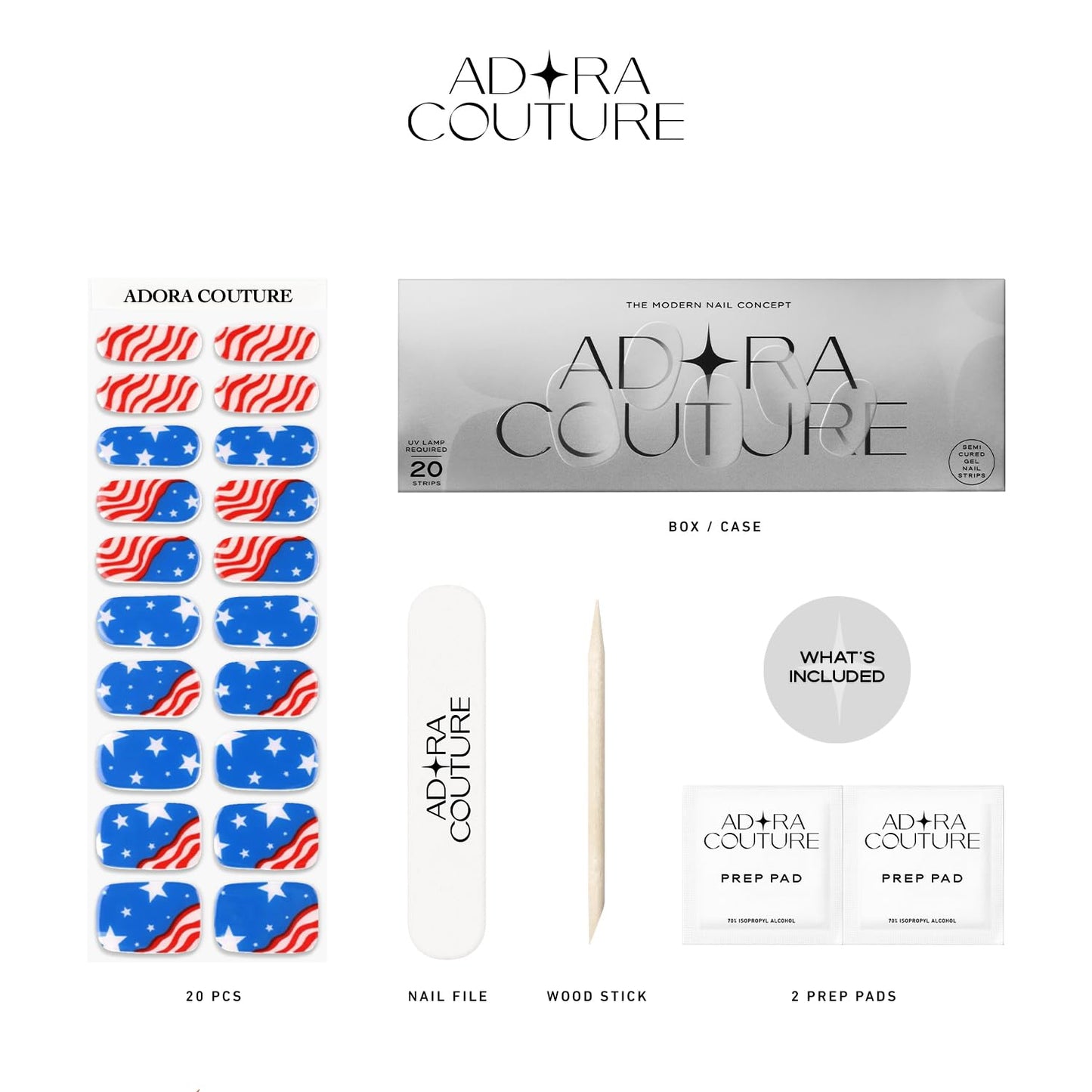 Adora Couture Semi Cured Gel Nail Strips with 20 Pieces, Salon Quality Nail Wraps for Women, Red and Blue American Vibe UV Gel Nail Stickers, UV Light Required, Radiance