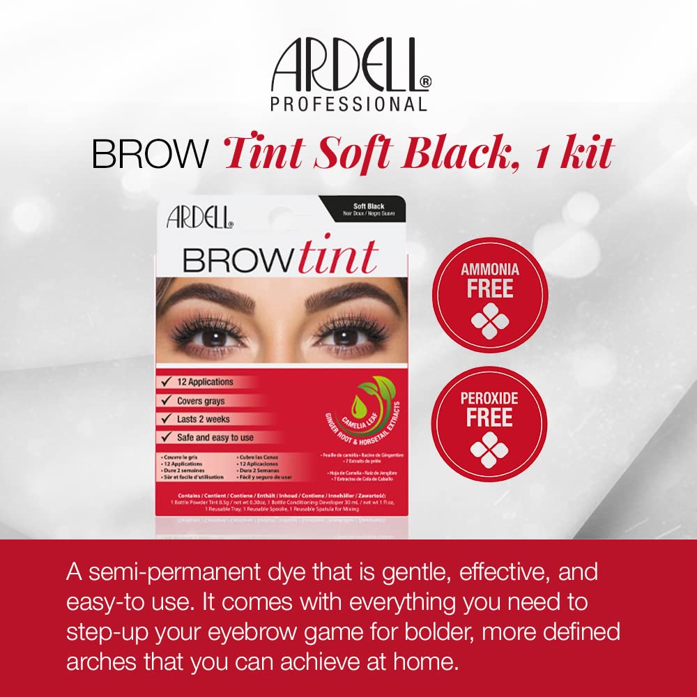 Ardell Brow Tint Soft Black, Longer-lasting Semi-permanent Brow Dye, with Natural Extracts, Complete Brow Tinting Kit, 1 pack