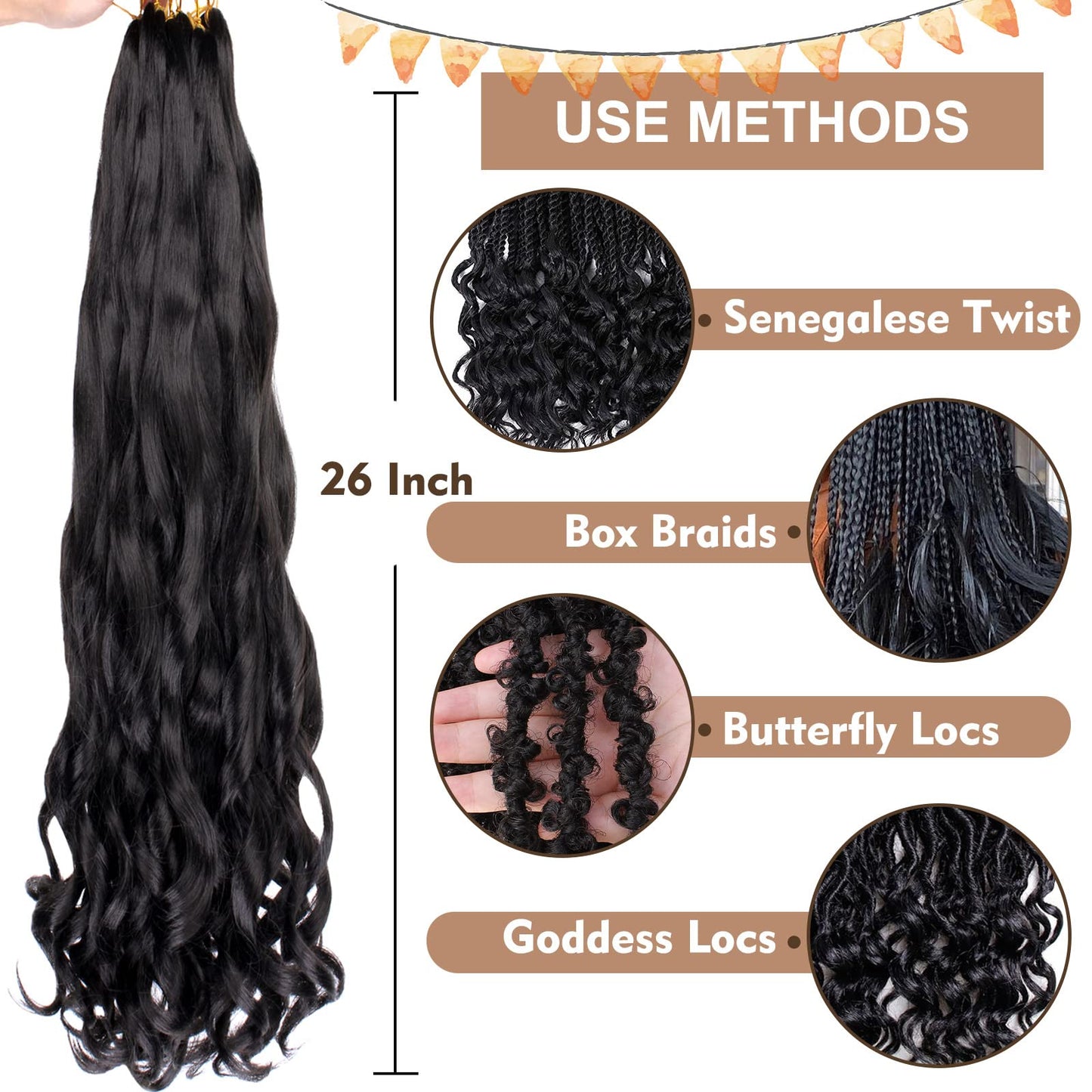 COOKOO 26 Inch Spiral French Curly Crochet Braids Hair 9 Packs Natural Black Bouncy Loose Wave Crochet Braids for Black Women Pre-curled Spanish Curly Synthetic Braiding Hair Extentions 1B#