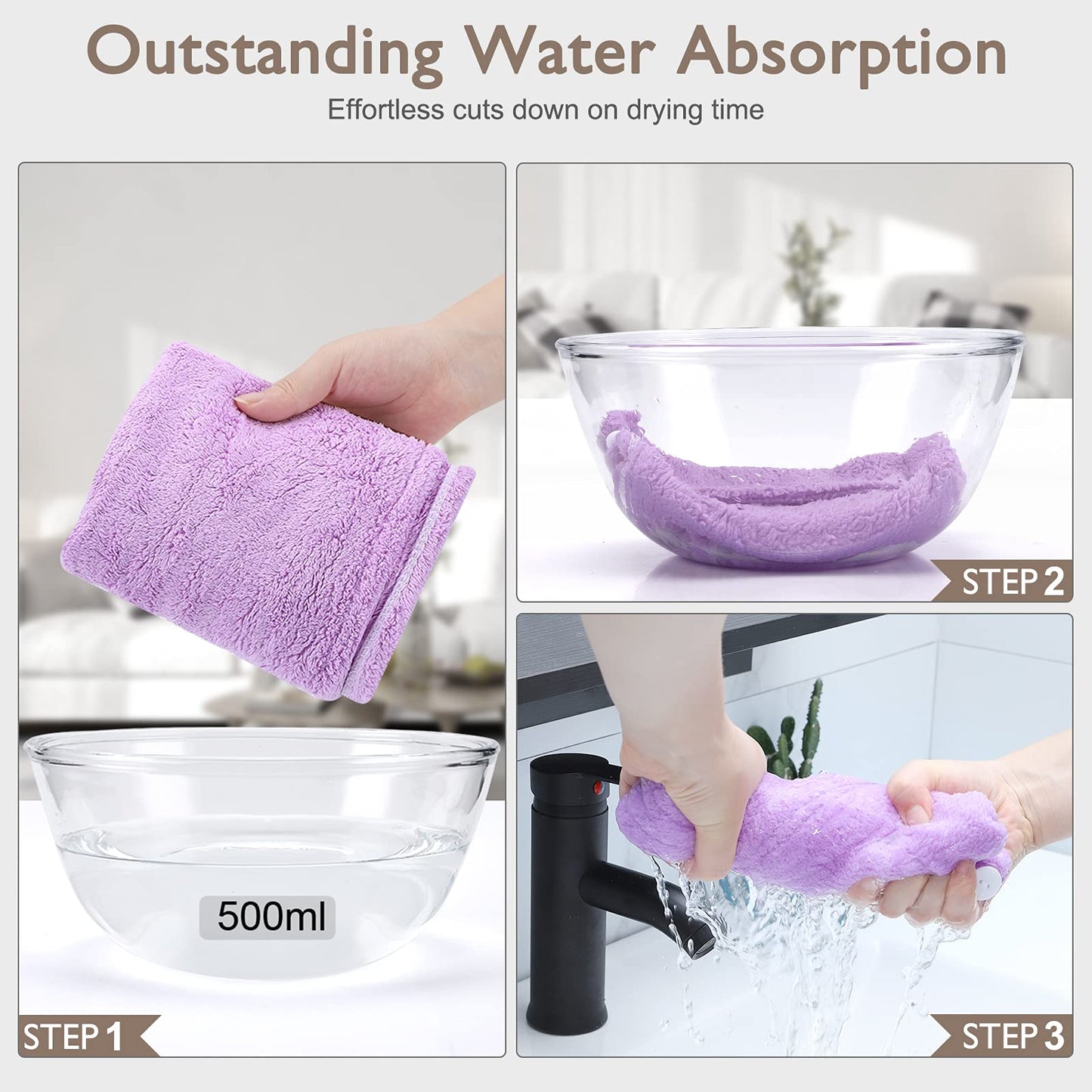 BEoffer Microfiber Hair Towel, 3 Packs Hair Turbans for Women, Men,Kids, Quick Dry Hair Wrap Towels for Curly,Long, Curly Hair Anti Frizz (Gray+Khaki+Purple)